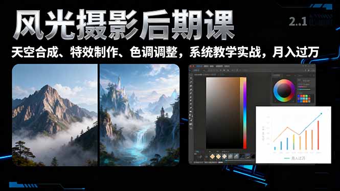 风光摄影后期课,一键换天空合成、特效制作、色调调整,月入过万-摇钱树