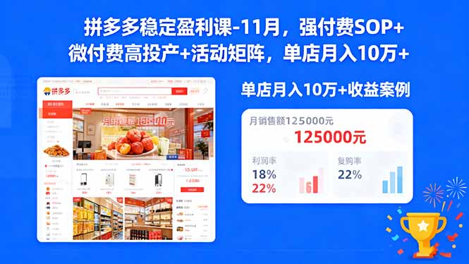 拼多多稳定盈利课-11月,强付费SOP+微付费高投产+活动矩阵,单店月入10万+-摇钱树