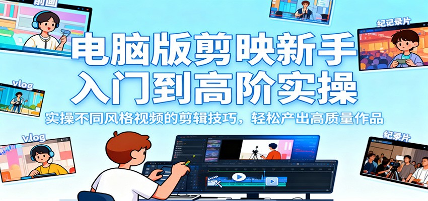 电脑版剪映新手入门到高阶实操，实操不同风格视频的剪辑技巧，轻松产出高质量作品-摇钱树